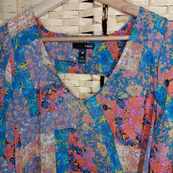 Aqua Sheer Patchwork Print Hi Low Sheer Long Sleeve Blouse Medium - Picture 2 of 5